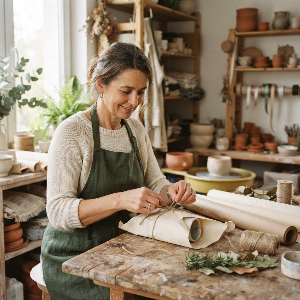 An artisan maker wrapping a gift in a sunlit workshop